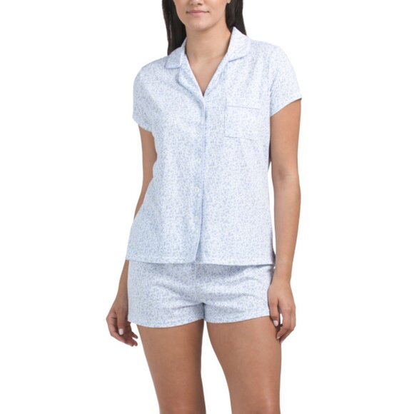 LAURA ASHLEY Blue Floral 2pc Floral Notch Collar Top And Shorts Pajama Set - Picture 1 of 2
